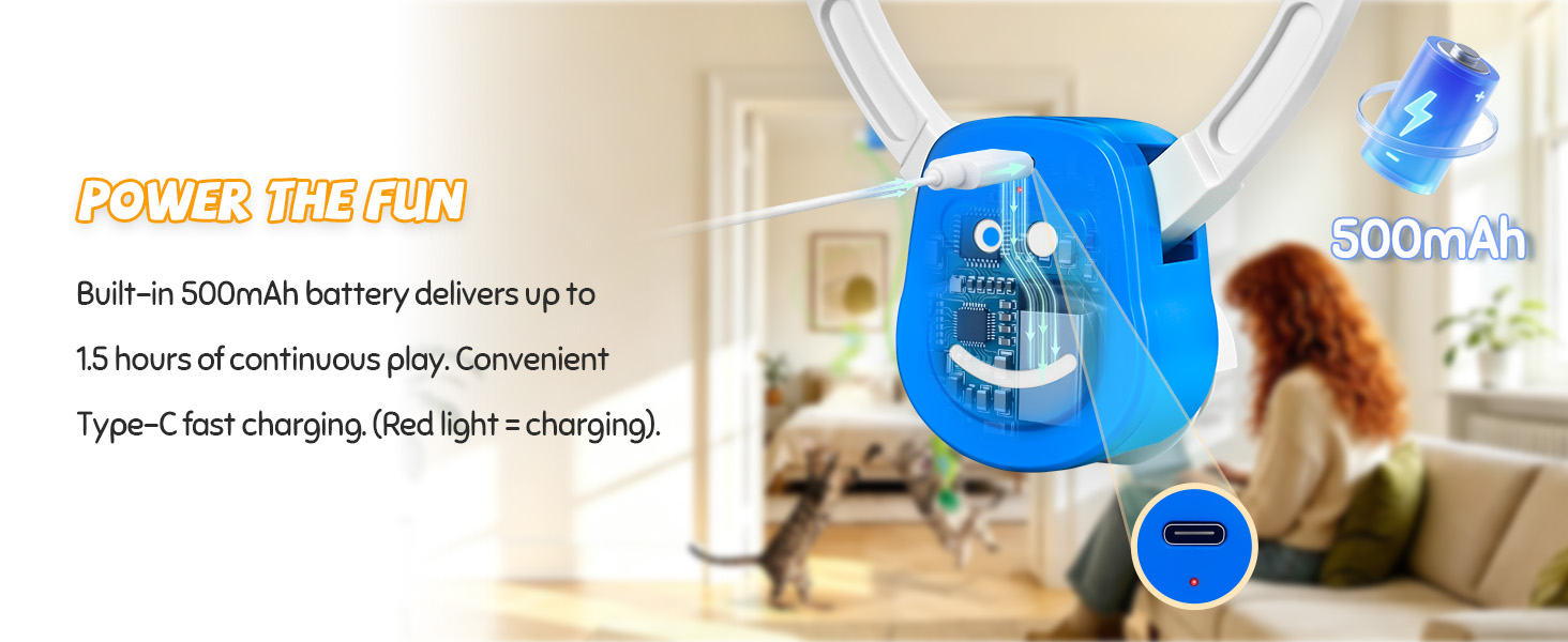 Rechargeable automatic cat toy for indoor cats, Type-C charging, 500mAh battery