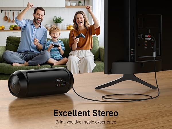 Text reads 'Excellent Stereo'. Multiple images showing a home theater or audio setup with people enjoying entertainment on a couch.