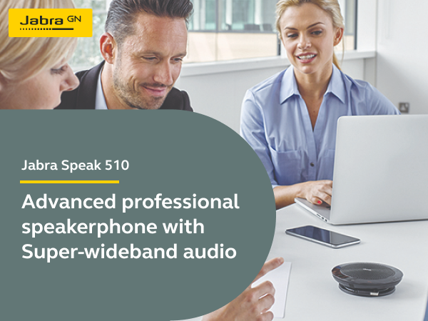 Jabra Speak 510, professional speakerphone, super-wideband audio, high definition sound.