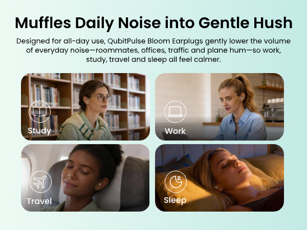 Text reads 'Muffles Daily Noise into Gentle Hush'. Educational setting showing books, study materials, and tables in what appears to be a library or study space.