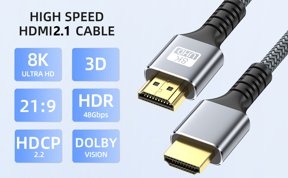High-speed HDMI 2.1 cable product image showing technical specifications including 8K Ultra HD, 3D, HDR, and Dolby Vision compatibility.