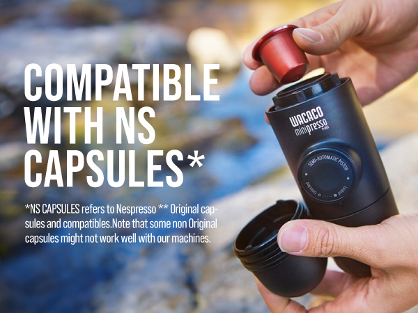 Black handheld coffee maker device being demonstrated with red cap, shown with text about NS capsule compatibility.