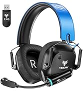 Black and blue wireless gaming headset with microphone and 2.4G USB dongle. Over-ear design with padded headband and ear cups.