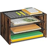 3-Tier Paper Letter Tray, Wooden Desk File Organizer, Stackable Metal Mesh Desk Organizer for Off...