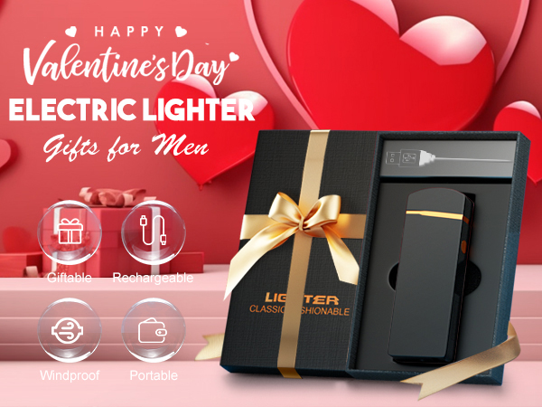 Black gift box containing an electric lighter, presented with gold ribbon against Valentine's Day themed red background with heart graphics.