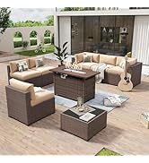 Aoxun 8 Piece Patio Furniture Set with 44” Fire Pit Table Wicker Rattan Outdoor Sectional Sofa Se...