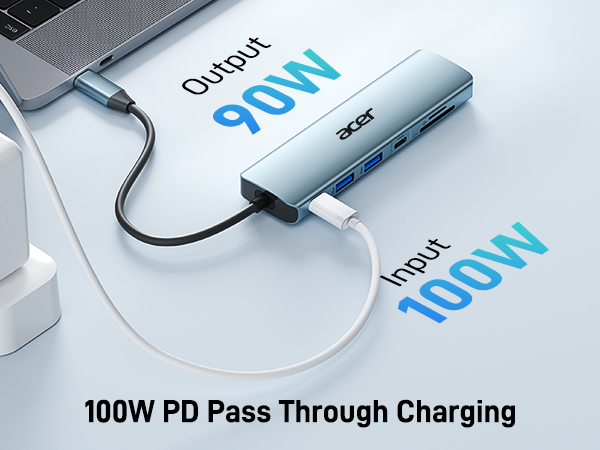 USB-C charging adapter displaying 100W input and 90W output capabilities. Text indicates '100W PD Pass Through Charging' feature.