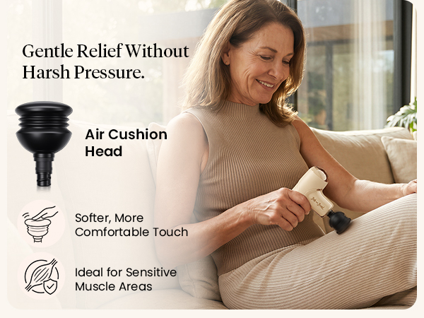 Woman uses the air cushion head on her thigh beside a close-up of the soft attachment.