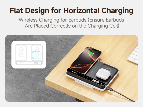 Wireless charging pad for smartphones and earbuds. Flat design with digital display, showing phone and earbud case charging simultaneously on wooden surface.