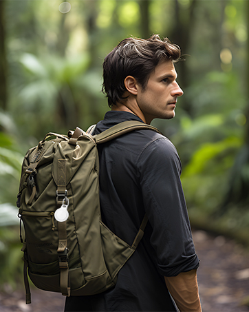 Olive green backpack with multiple compartments and straps, worn by person in dark shirt hiking through lush forest. White circular accessory attached to backpack.