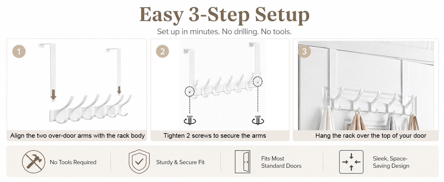 Over the door hook easy 3-step setup: no drilling, no tools required for quick installation