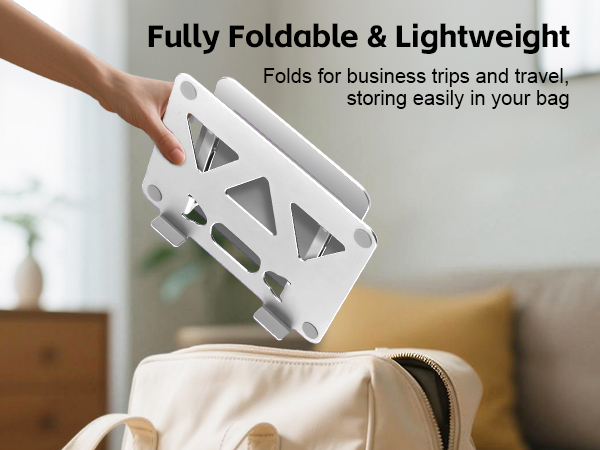 Foldable laptop stand collapses compactly for travel, storage and portable everyday use