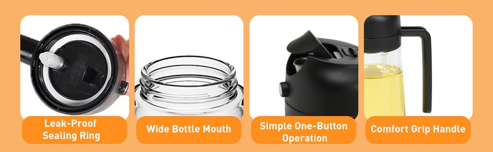 leak proof sealing ring, wide bottle mouth, simple one button operation, comfortable grip handle