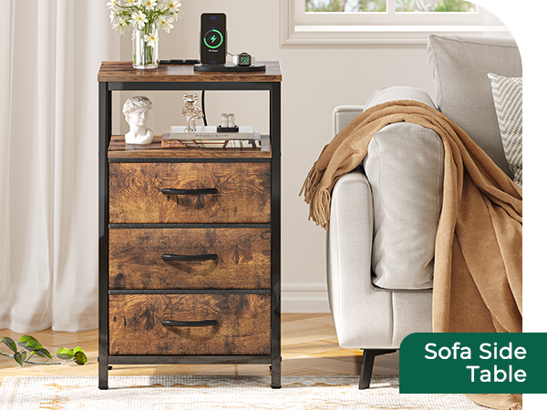Nightstand with Charging Station, 27.6 Inch Side Table with Fabric Drawers