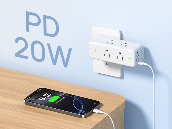 360 rotating outlet extender with usb c pd 20w
