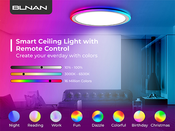 rgb color changing dimmable led flush mount light blnan remote smart app alexa google multi color