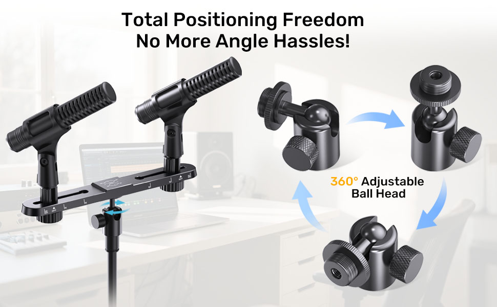 Stereo Array Spacing Microphone Holder with Ball and Socket