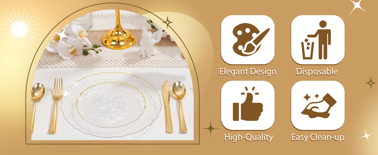 clear and gold plastic plates