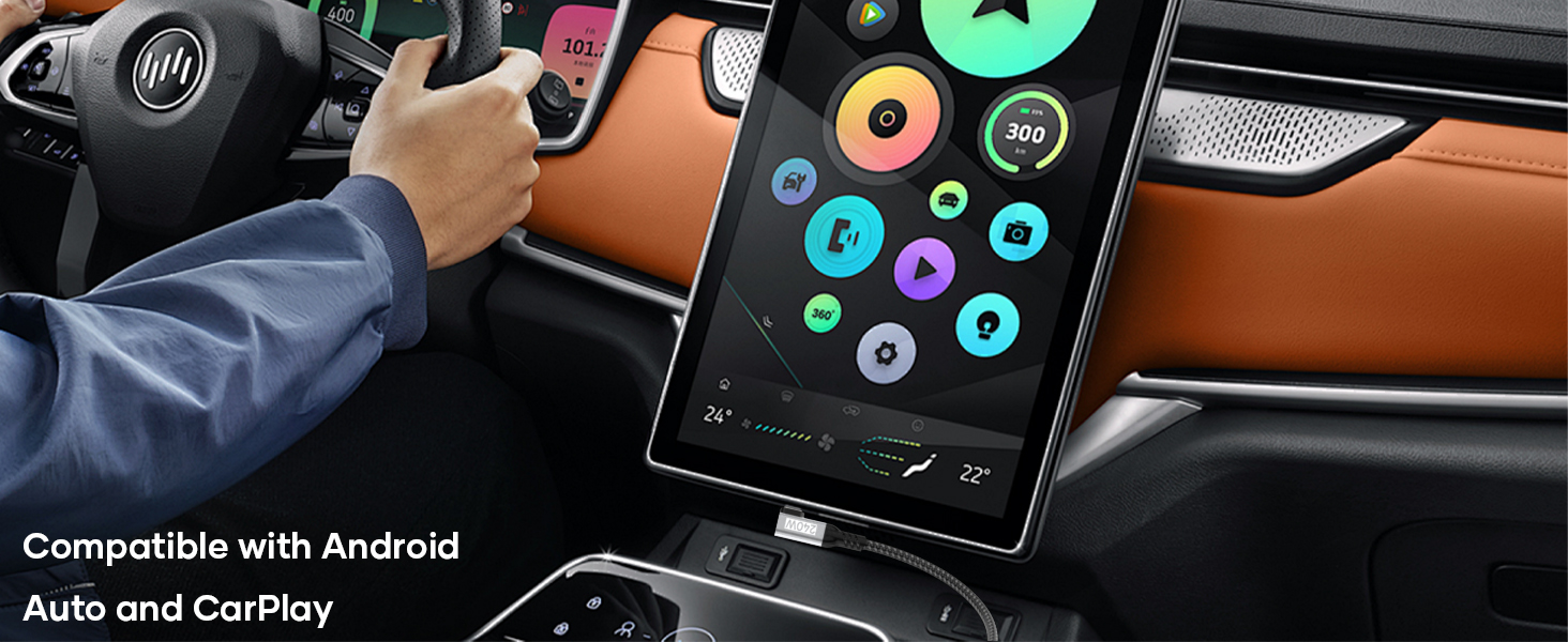 Text reads 'Compatible with Android Auto and CarPlay'. Series of car dashboard interface screens showing navigation and media controls on dark backgrounds.