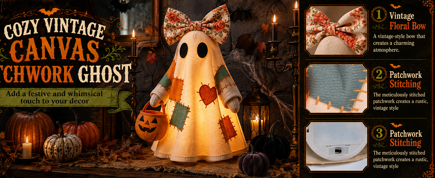 COZY VINTAGE CANVAS PATCHWORK GHOST: Add a festive and whimsical touch to your decor