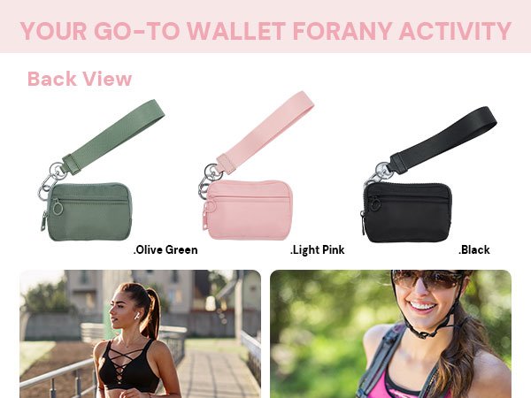 Color options of wristlet wallet in black, light pink, and olive green for various occasions