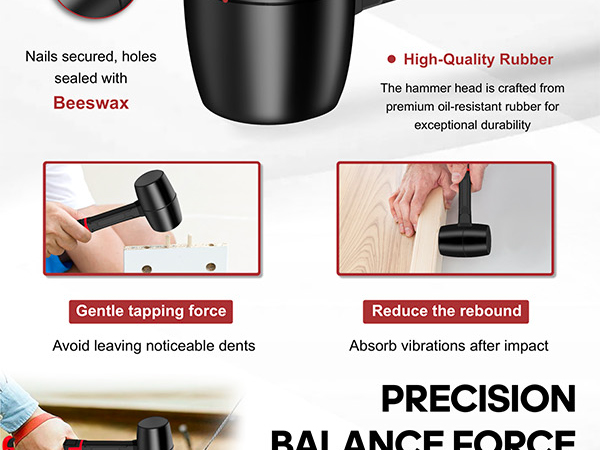 The double-sided solid rubber hammer head delivers a gentle yet precise impact force.