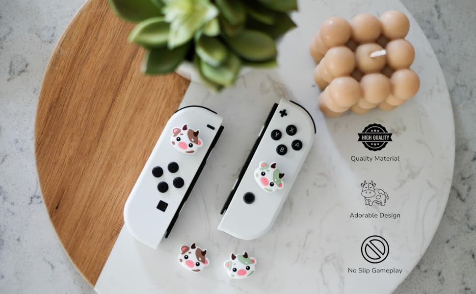 quality material, adorable design, no slip gameplay, green and brown cow switch thumb grips