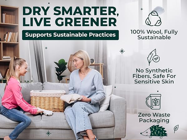 Mother and daughter using sustainable wool dryer balls at home