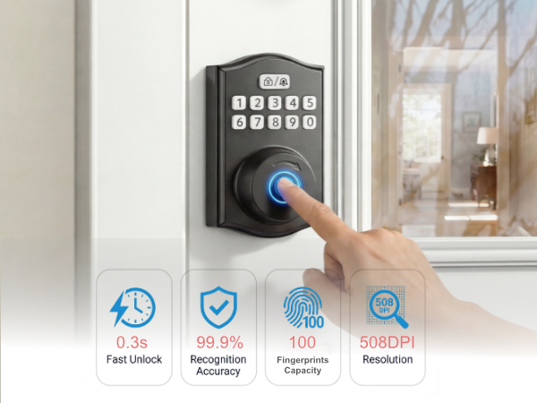 Biometric fingerprint door lock with 0.3s fast unlock and 508DPI sensor