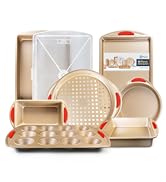 Baking Pan 8 Piece Set Nonstick Gold Carbon Steel Oven Bakeware Kitchen Set with Silicone Handles