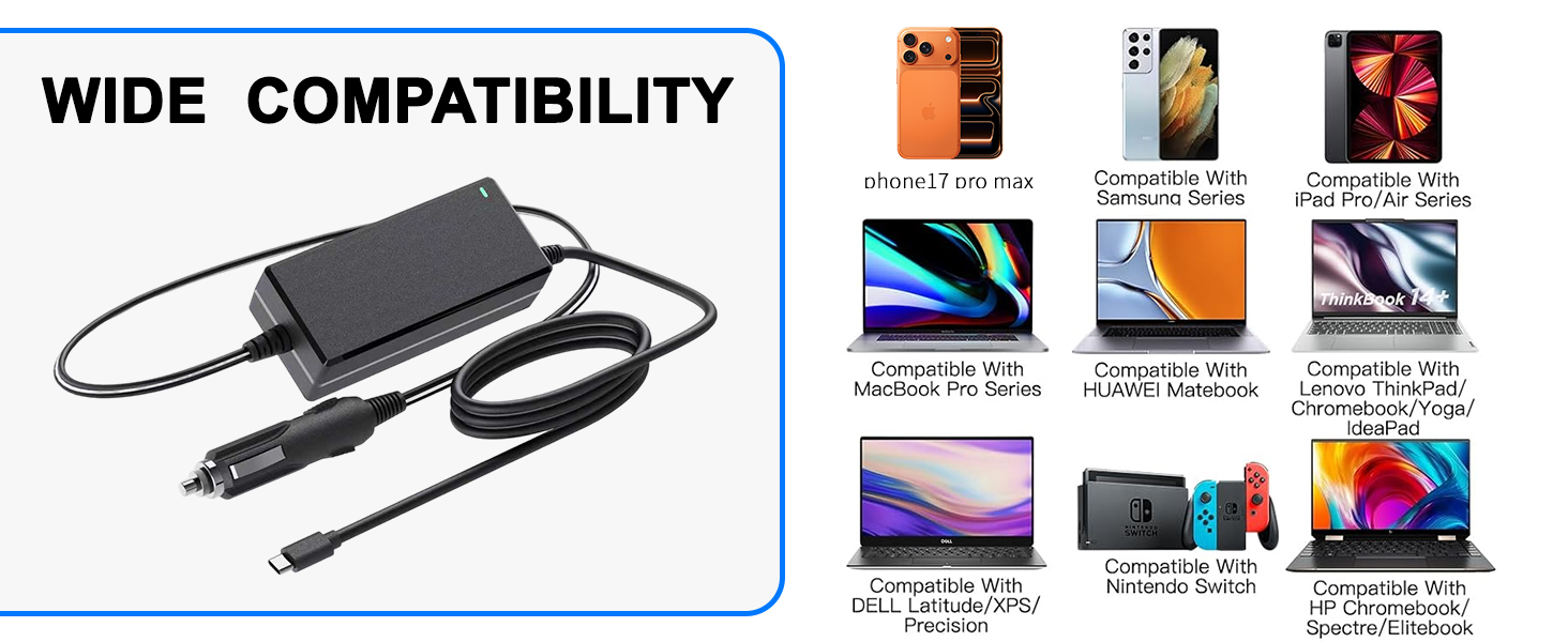 90W USB-C Laptop Car Charger for Dell Latitude/XPS/Precision