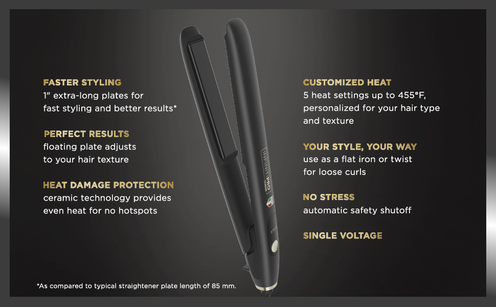 Extra-Long Plates provide quicker styler. 5 heat settings up to 455 degrees. 