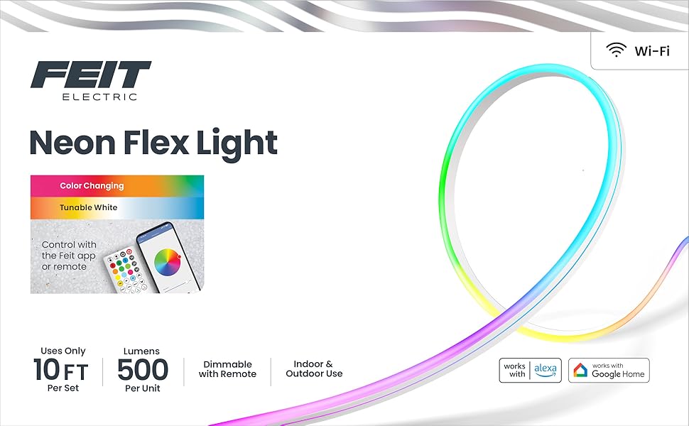 White banner with Feit Electric outdoor Smart Neon Flex Light specifications and product shot.