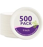 PACKINNO Compostable Paper Plates 9 Inch 500 Pack, Biodegradable Disposable Plates Heavy Duty Whi...