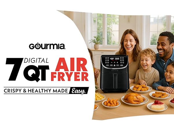 Gourmia 7-Quart Digital Air Fryer in black with stainless steel accents, front view digital display 