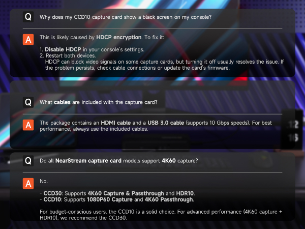 Screenshot of FAQ about capture cards. Questions cover HDCP encryption, included cables, and 4K60 capture support. Answers provide technical details and recommendations for different models.