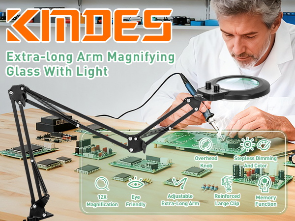 magnifying lamp glass with light Overhead Knob Stepless Dimming Color 12X Extra-Long Arm Large Clip