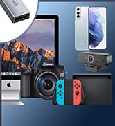 Collection of electronic devices including smartphone, tablet, game console, camera, and desktop computer arranged on blue and grey background.
