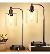 Lynnoland Set of 2 Oil Rubbed Bronze Table Lamps with USB C+A Ports and Outlet, Fully Stepless Di...
