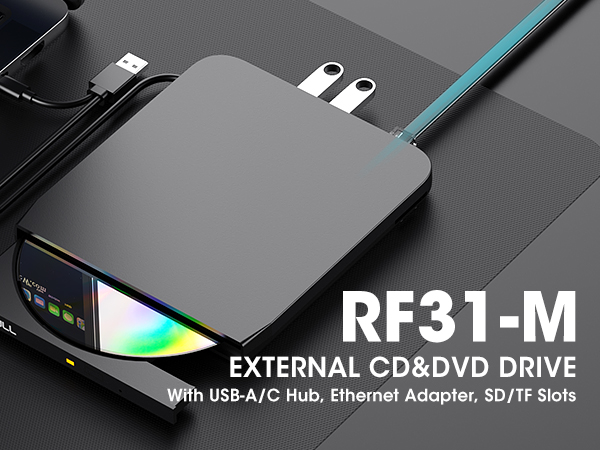 ROOFULL RF31-M External CD DVD Drive with USB-A/C Hub, SD/TF Card Slot, Ethernet Adapter
