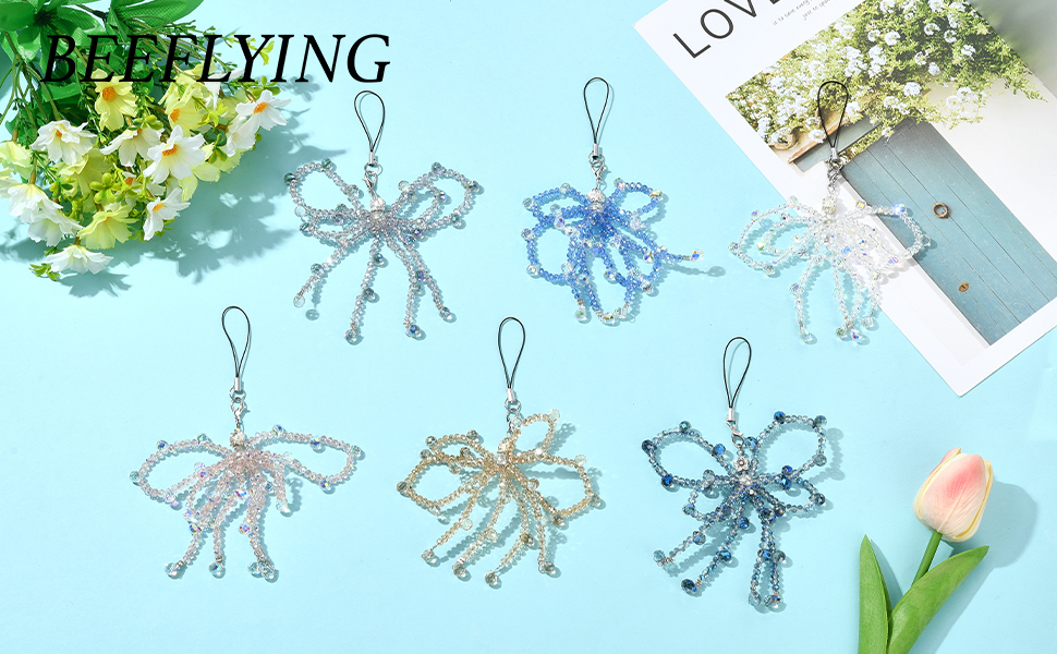 Glass Beads Bowknot Phone Charm Y2K Cellphone Charm Strap for Women Bags Keychain Camera