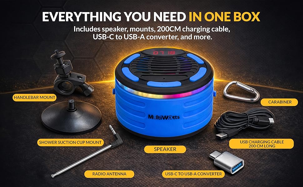 Blue waterproof speaker kit with bike handlebar mount, shower suction cup, FM radio, &amp;amp; USB-C cable