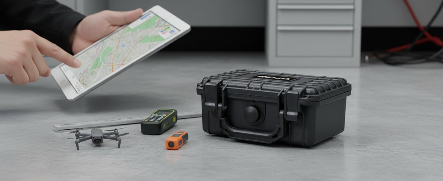 Series of images showing electronic equipment and components being packed or arranged with a black protective case visible.