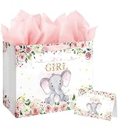 13" Large Baby Shower Birthday Gift Bag for Girl with Tissue Papers and Card Pink Floral Elephant...