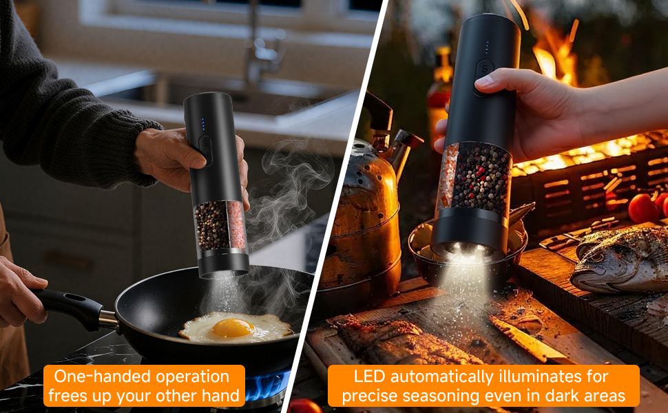 Split image showing cooking scenes: one side with frying pan over flame, other side showing fire and cooking preparation.