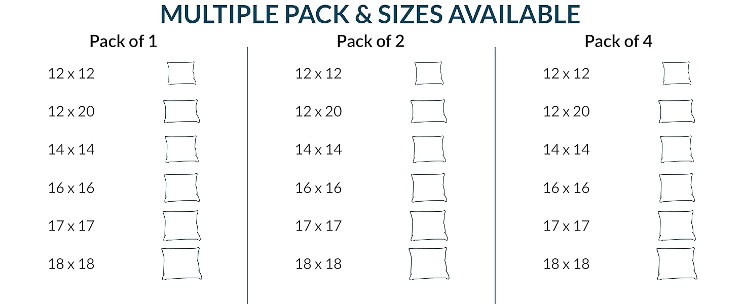 12x12 12x20 14x14 16x16 18x18 20x20 17x17 16x24 22x22 24x24 26x26 pack of 1 pack of 2 pack of 4 soft
