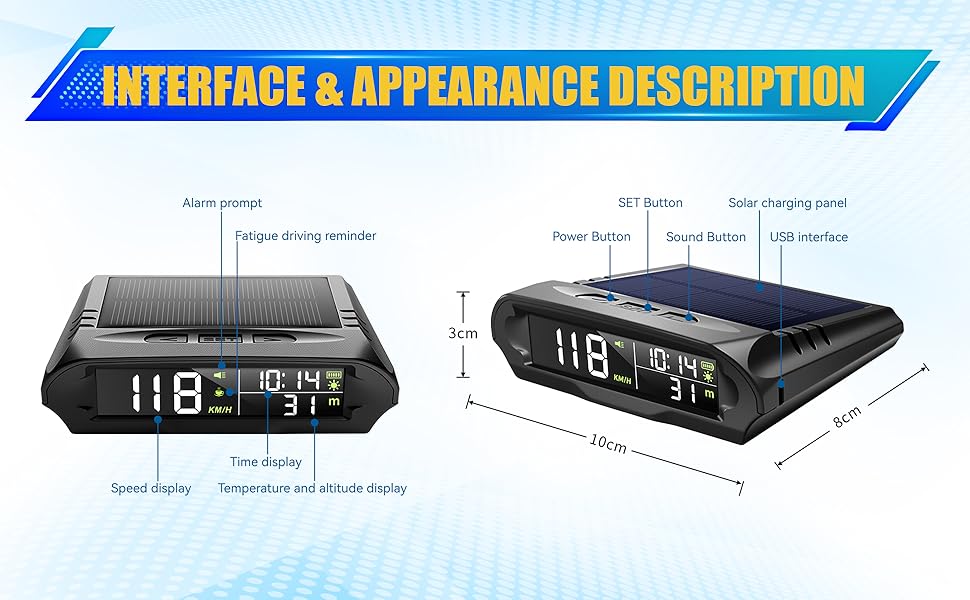 Wireless Heads Up Display for Cars Solar GPS Digital Speedometer