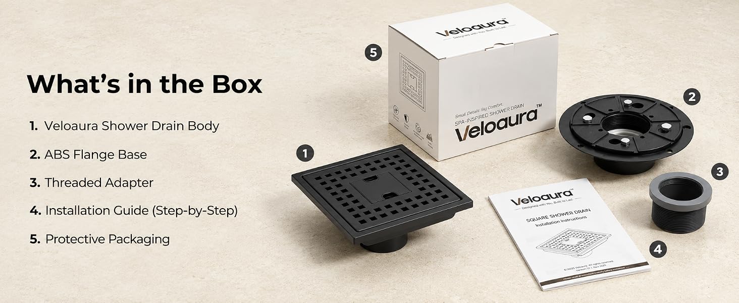 Veloaura matte black square shower drain kit with flange base adapter guide and box