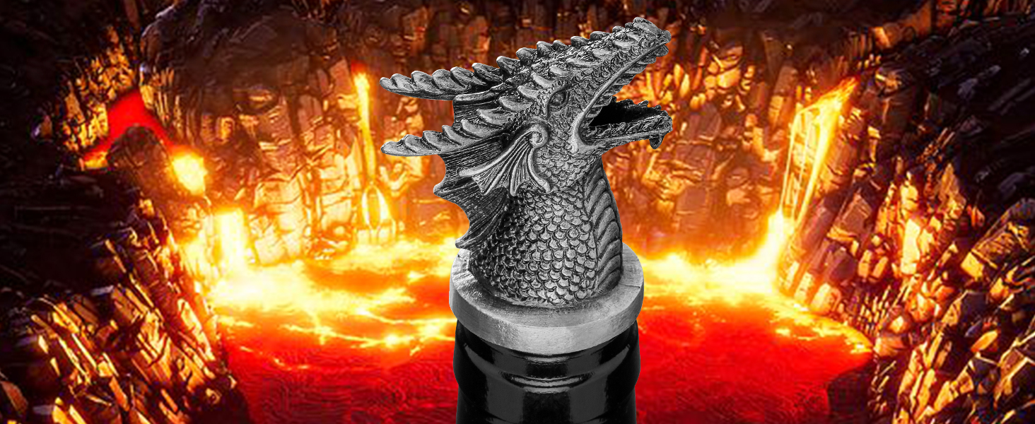 Metallic dragon-shaped microphone head against a fiery background, featuring detailed scales and an open-mouthed design.