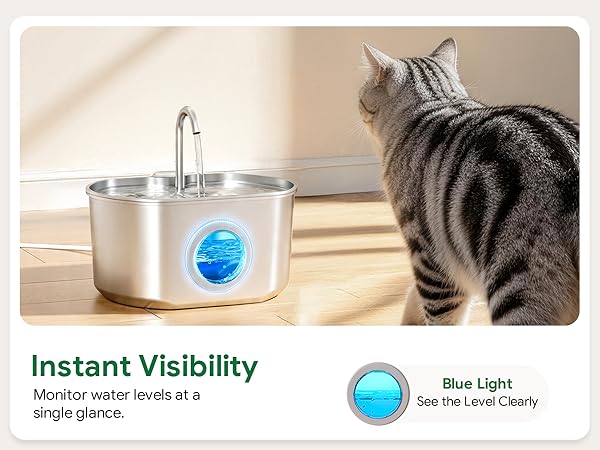 This fountain features a blue-light window for easy water level monitoring.